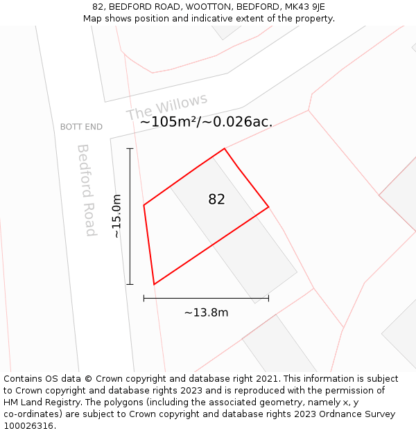 82, BEDFORD ROAD, WOOTTON, BEDFORD, MK43 9JE: Plot and title map