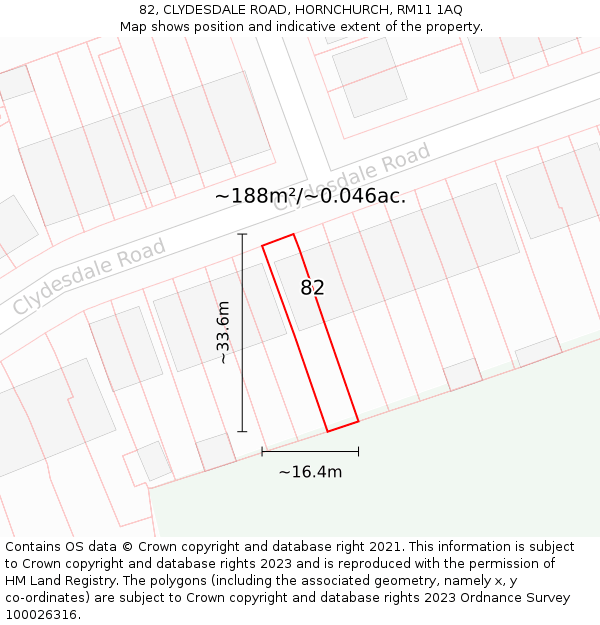 82, CLYDESDALE ROAD, HORNCHURCH, RM11 1AQ: Plot and title map