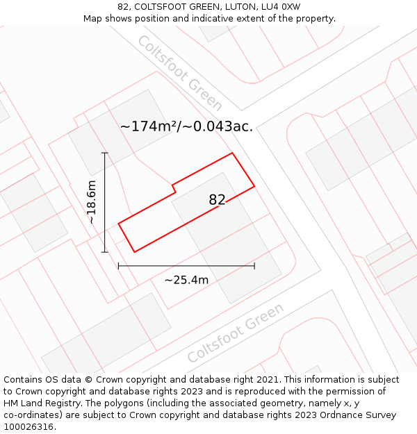 82, COLTSFOOT GREEN, LUTON, LU4 0XW: Plot and title map