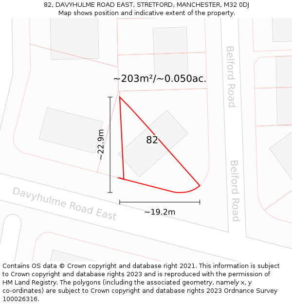 82, DAVYHULME ROAD EAST, STRETFORD, MANCHESTER, M32 0DJ: Plot and title map