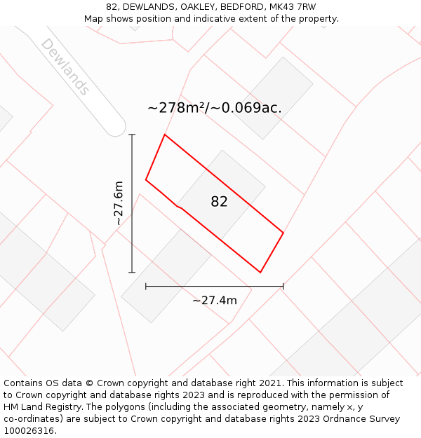 82, DEWLANDS, OAKLEY, BEDFORD, MK43 7RW: Plot and title map