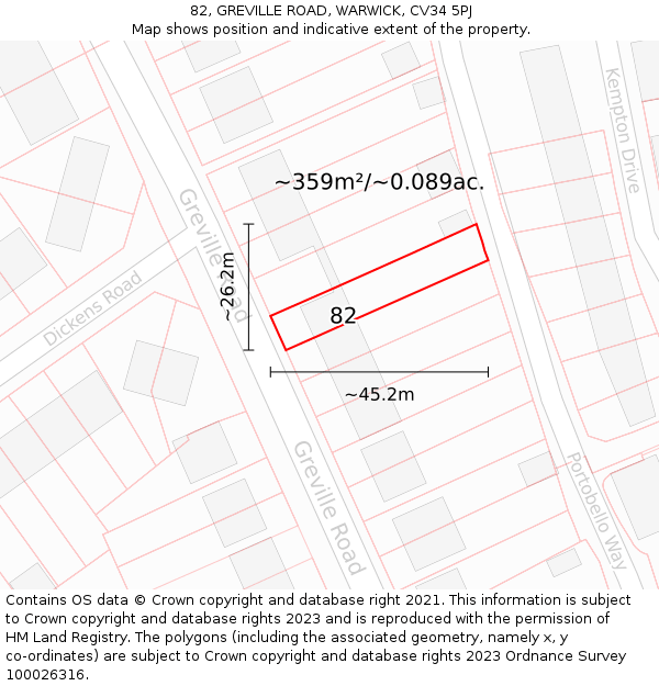 82, GREVILLE ROAD, WARWICK, CV34 5PJ: Plot and title map