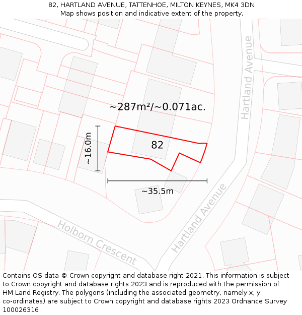 82, HARTLAND AVENUE, TATTENHOE, MILTON KEYNES, MK4 3DN: Plot and title map