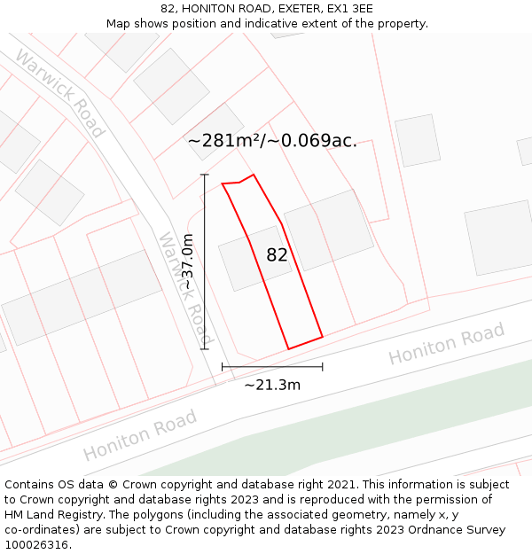 82, HONITON ROAD, EXETER, EX1 3EE: Plot and title map