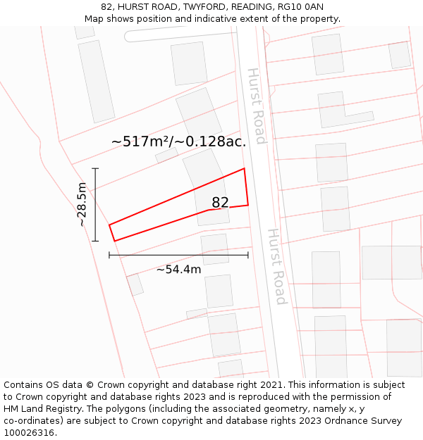 82, HURST ROAD, TWYFORD, READING, RG10 0AN: Plot and title map