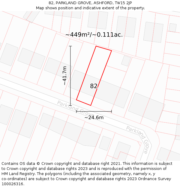 82, PARKLAND GROVE, ASHFORD, TW15 2JP: Plot and title map