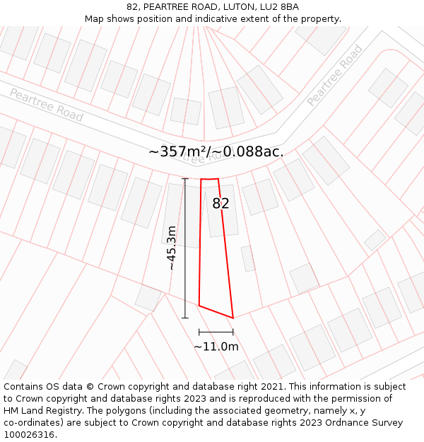 82, PEARTREE ROAD, LUTON, LU2 8BA: Plot and title map