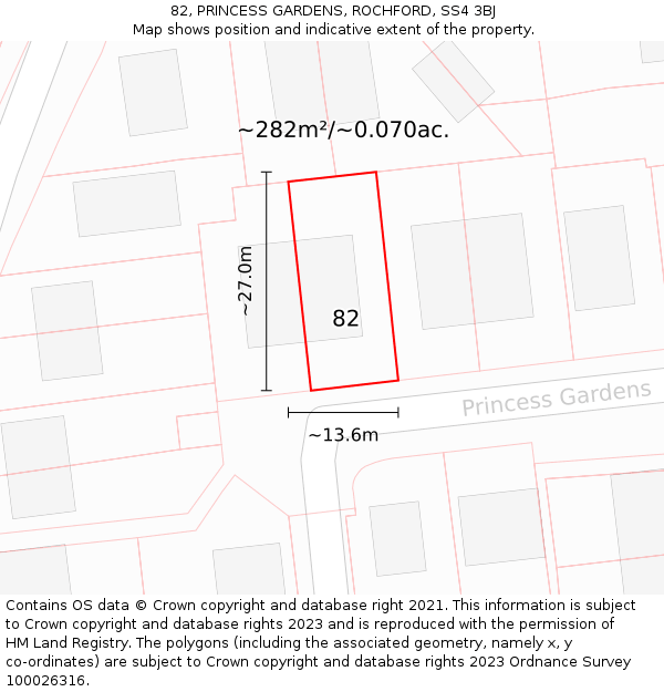 82, PRINCESS GARDENS, ROCHFORD, SS4 3BJ: Plot and title map