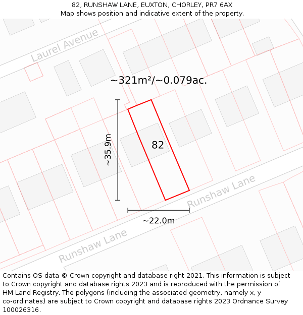 82, RUNSHAW LANE, EUXTON, CHORLEY, PR7 6AX: Plot and title map