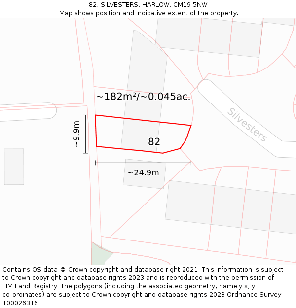 82, SILVESTERS, HARLOW, CM19 5NW: Plot and title map