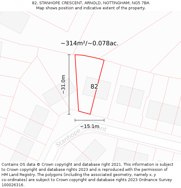 82, STANHOPE CRESCENT, ARNOLD, NOTTINGHAM, NG5 7BA: Plot and title map