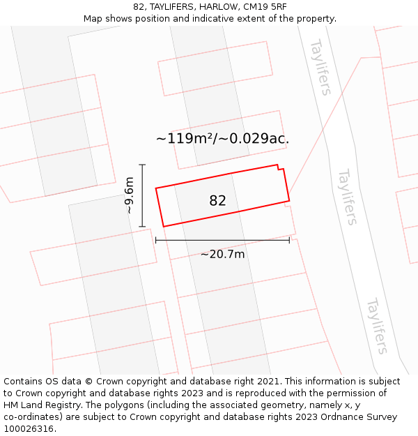 82, TAYLIFERS, HARLOW, CM19 5RF: Plot and title map