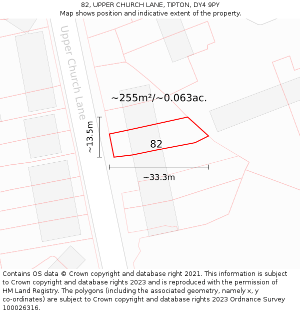 82, UPPER CHURCH LANE, TIPTON, DY4 9PY: Plot and title map