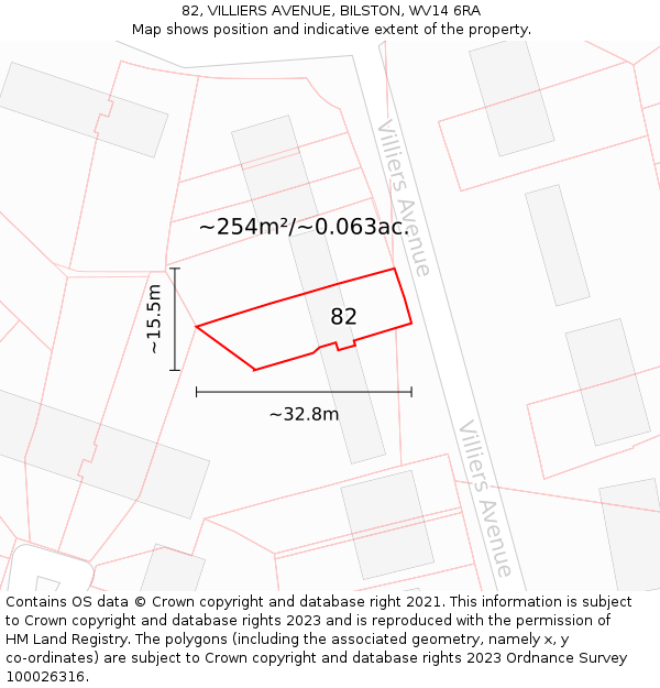 82, VILLIERS AVENUE, BILSTON, WV14 6RA: Plot and title map