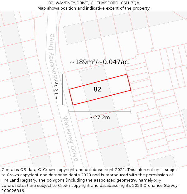 82, WAVENEY DRIVE, CHELMSFORD, CM1 7QA: Plot and title map