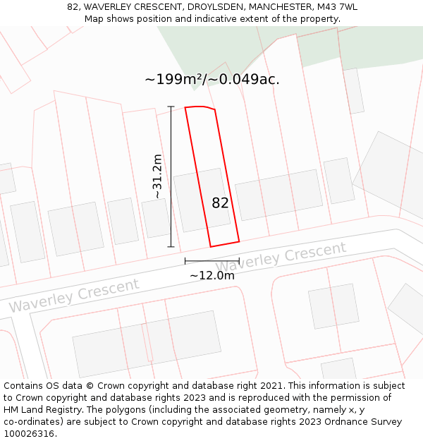 82, WAVERLEY CRESCENT, DROYLSDEN, MANCHESTER, M43 7WL: Plot and title map