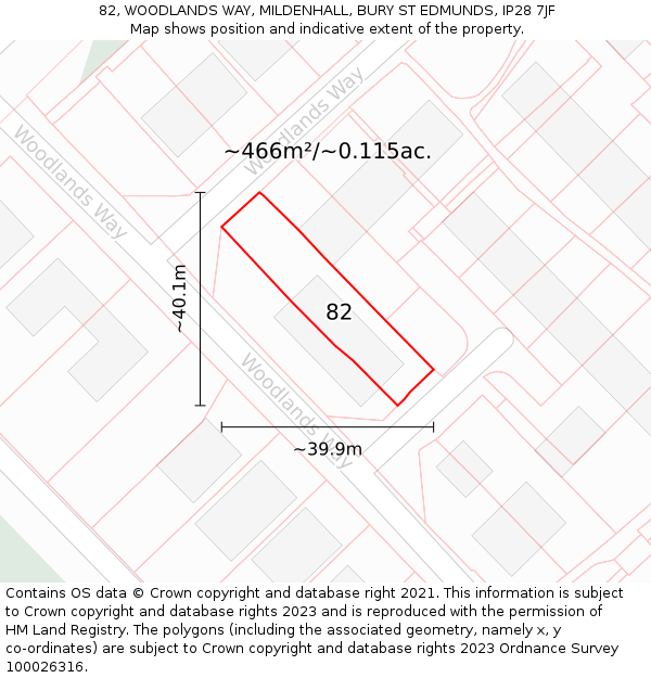 82, WOODLANDS WAY, MILDENHALL, BURY ST EDMUNDS, IP28 7JF: Plot and title map