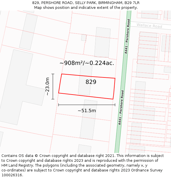 829, PERSHORE ROAD, SELLY PARK, BIRMINGHAM, B29 7LR: Plot and title map