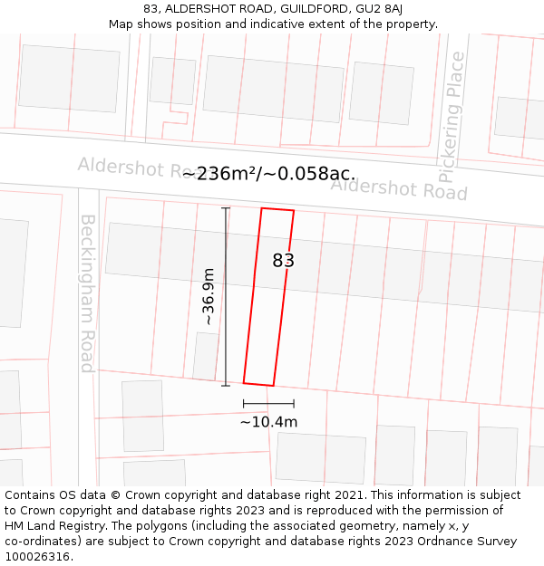 83, ALDERSHOT ROAD, GUILDFORD, GU2 8AJ: Plot and title map