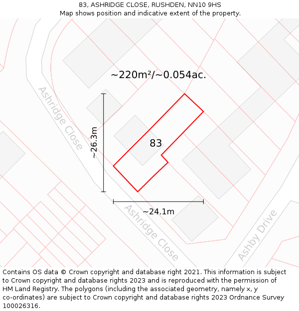 83, ASHRIDGE CLOSE, RUSHDEN, NN10 9HS: Plot and title map