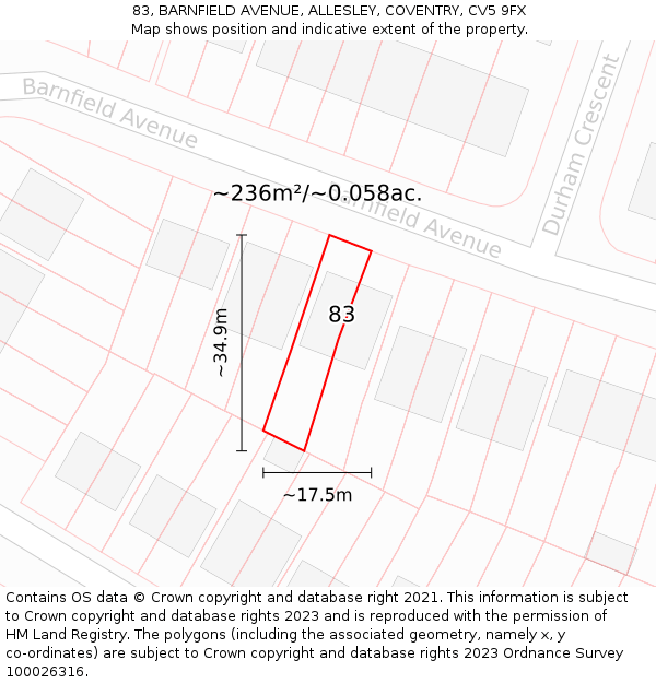 83, BARNFIELD AVENUE, ALLESLEY, COVENTRY, CV5 9FX: Plot and title map