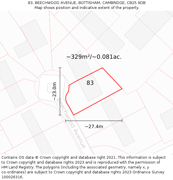 83, BEECHWOOD AVENUE, BOTTISHAM, CAMBRIDGE, CB25 9DB: Plot and title map