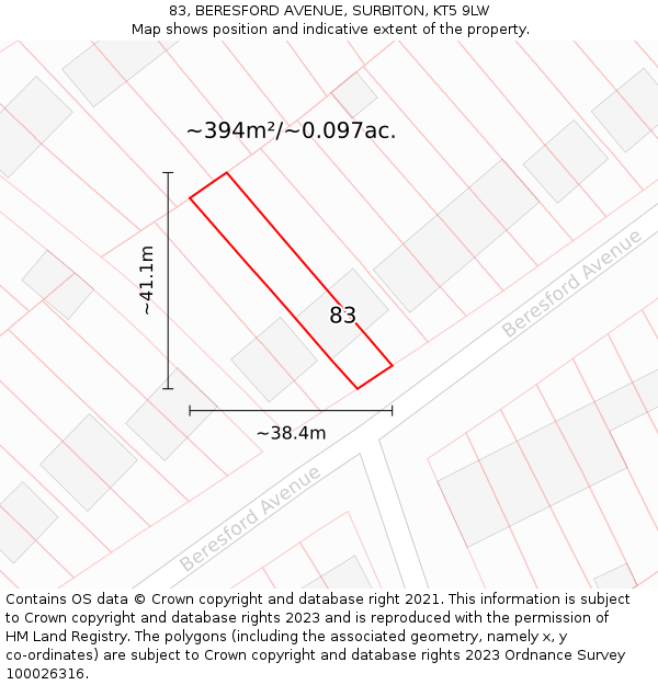 83, BERESFORD AVENUE, SURBITON, KT5 9LW: Plot and title map