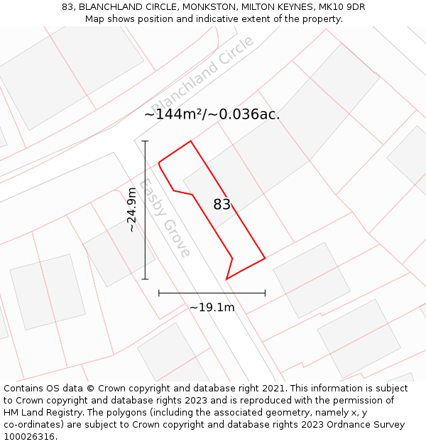 83, BLANCHLAND CIRCLE, MONKSTON, MILTON KEYNES, MK10 9DR: Plot and title map