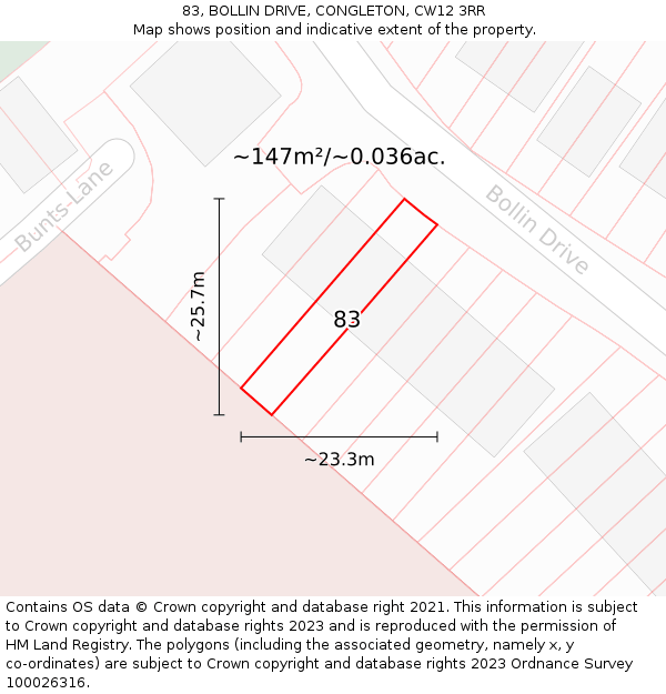 83, BOLLIN DRIVE, CONGLETON, CW12 3RR: Plot and title map