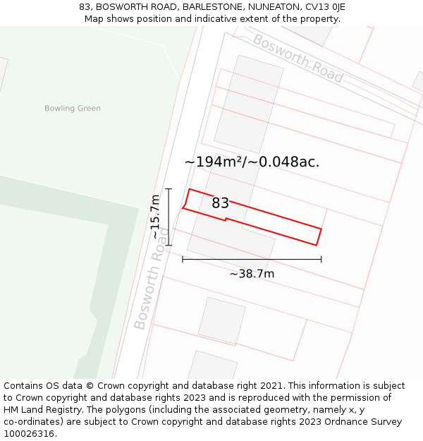 83, BOSWORTH ROAD, BARLESTONE, NUNEATON, CV13 0JE: Plot and title map