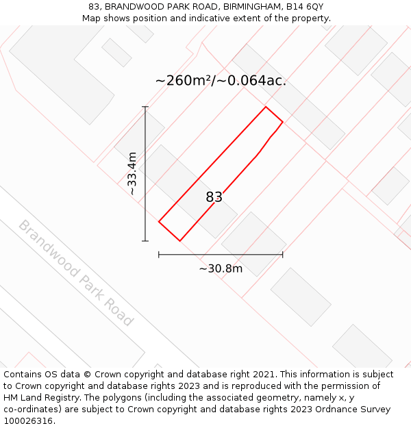 83, BRANDWOOD PARK ROAD, BIRMINGHAM, B14 6QY: Plot and title map