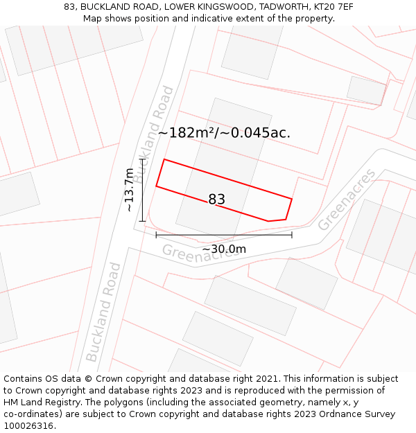 83, BUCKLAND ROAD, LOWER KINGSWOOD, TADWORTH, KT20 7EF: Plot and title map