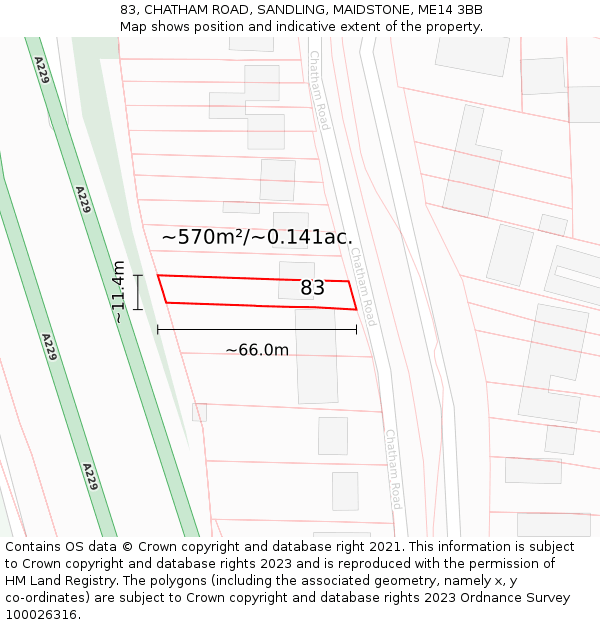 83, CHATHAM ROAD, SANDLING, MAIDSTONE, ME14 3BB: Plot and title map