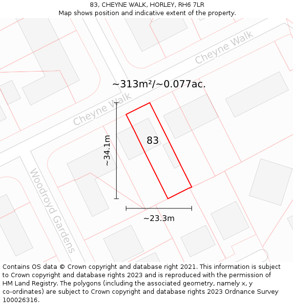 83, CHEYNE WALK, HORLEY, RH6 7LR: Plot and title map