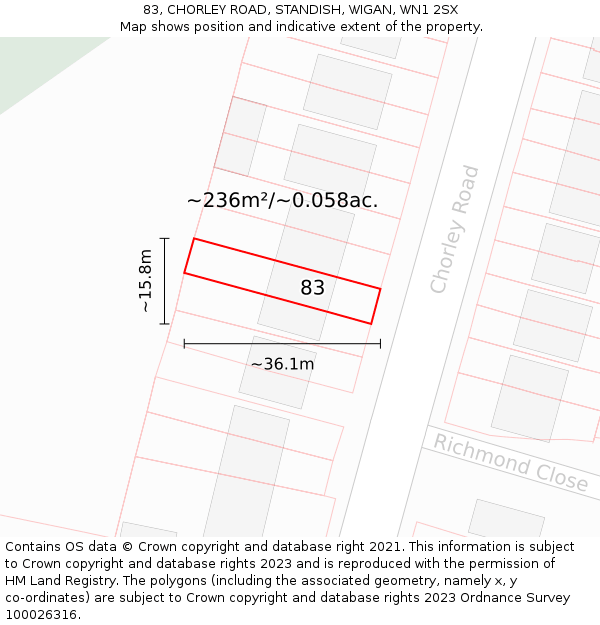 83, CHORLEY ROAD, STANDISH, WIGAN, WN1 2SX: Plot and title map