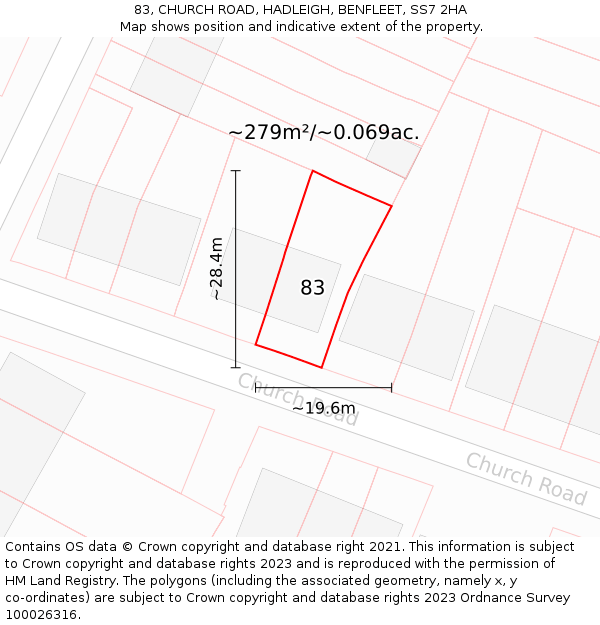 83, CHURCH ROAD, HADLEIGH, BENFLEET, SS7 2HA: Plot and title map