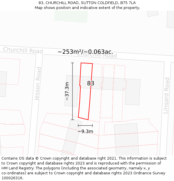 83, CHURCHILL ROAD, SUTTON COLDFIELD, B75 7LA: Plot and title map