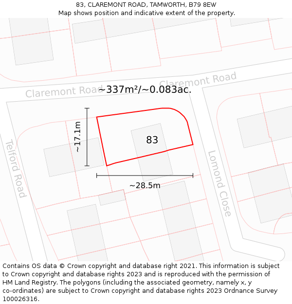 83, CLAREMONT ROAD, TAMWORTH, B79 8EW: Plot and title map