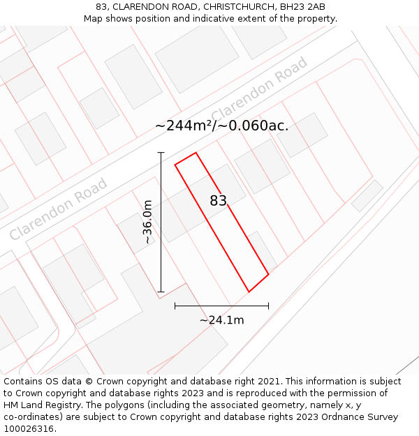 83, CLARENDON ROAD, CHRISTCHURCH, BH23 2AB: Plot and title map