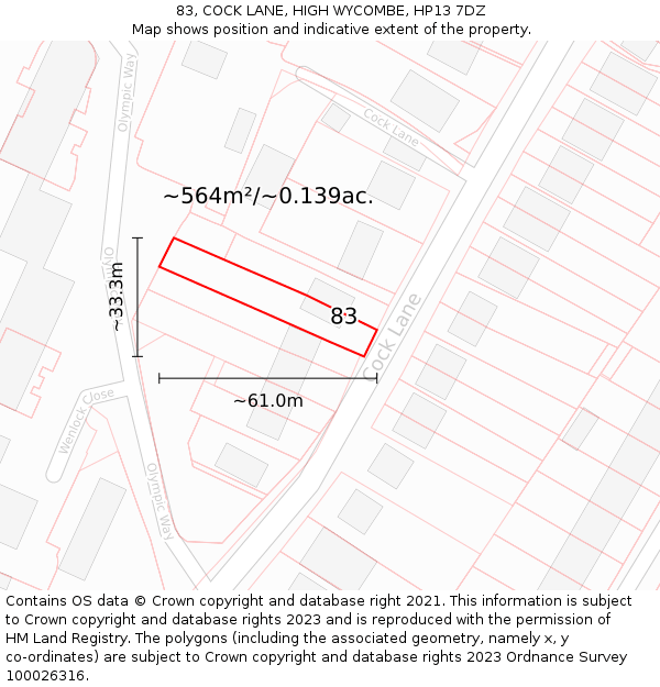 83, COCK LANE, HIGH WYCOMBE, HP13 7DZ: Plot and title map