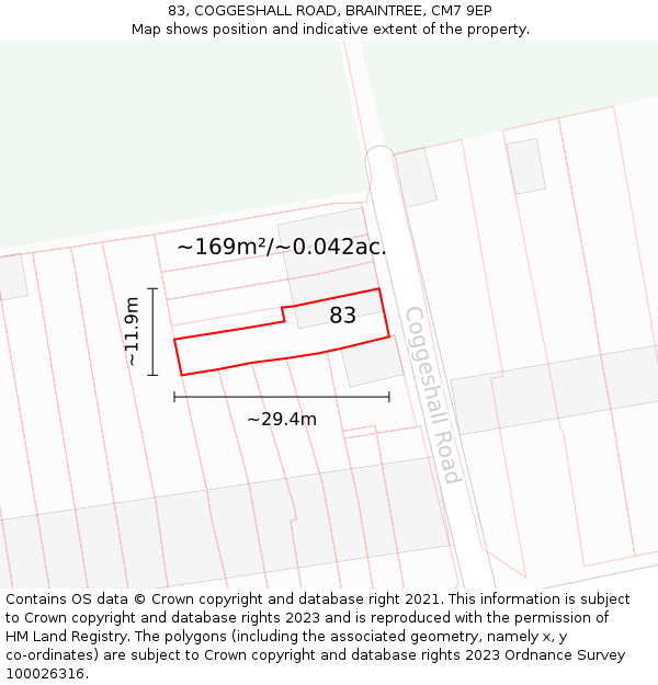 83, COGGESHALL ROAD, BRAINTREE, CM7 9EP: Plot and title map