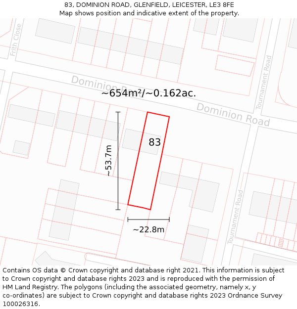 83, DOMINION ROAD, GLENFIELD, LEICESTER, LE3 8FE: Plot and title map