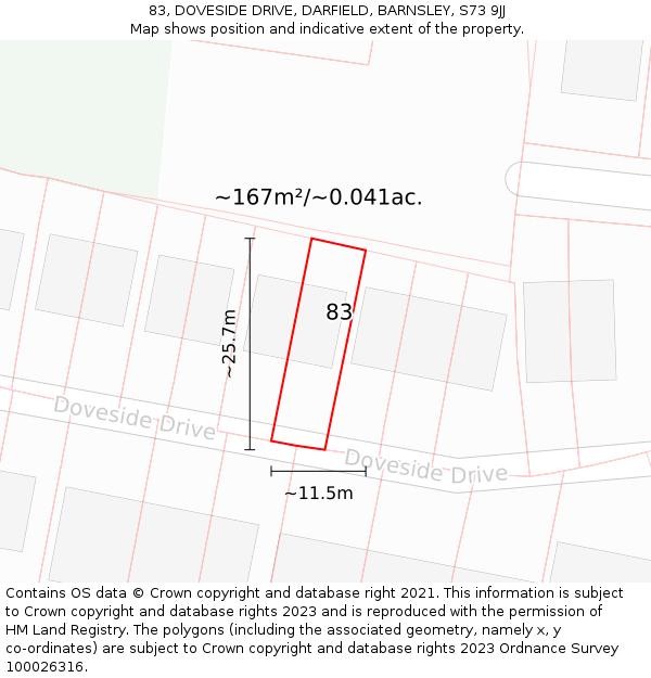 83, DOVESIDE DRIVE, DARFIELD, BARNSLEY, S73 9JJ: Plot and title map