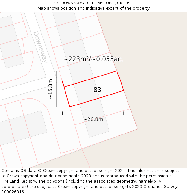 83, DOWNSWAY, CHELMSFORD, CM1 6TT: Plot and title map