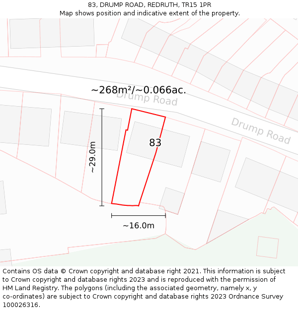 83, DRUMP ROAD, REDRUTH, TR15 1PR: Plot and title map