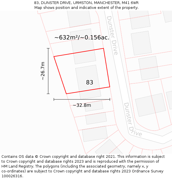 83, DUNSTER DRIVE, URMSTON, MANCHESTER, M41 6WR: Plot and title map