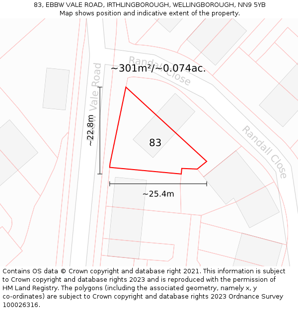 83, EBBW VALE ROAD, IRTHLINGBOROUGH, WELLINGBOROUGH, NN9 5YB: Plot and title map