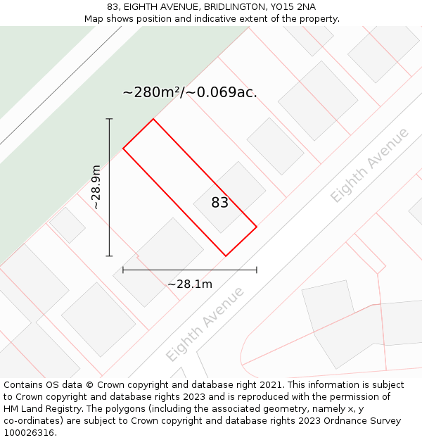 83, EIGHTH AVENUE, BRIDLINGTON, YO15 2NA: Plot and title map