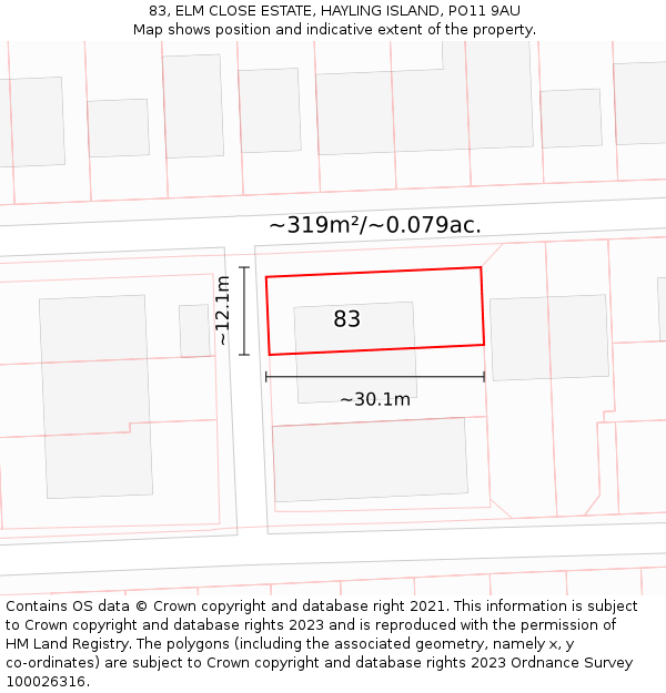 83, ELM CLOSE ESTATE, HAYLING ISLAND, PO11 9AU: Plot and title map