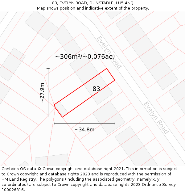 83, EVELYN ROAD, DUNSTABLE, LU5 4NQ: Plot and title map